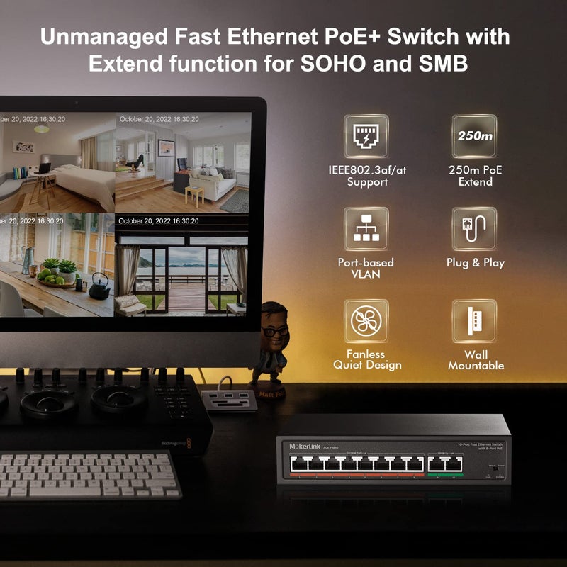 MokerLink 8 Port PoE Switch with 2 Gigabit Uplink, 802.3af/at PoE+ 100Mbps, 120W Built-in Power, Extend to 250Meter, Metal Plug & Play - Image 2